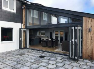 Opened aluminium bi fold doors